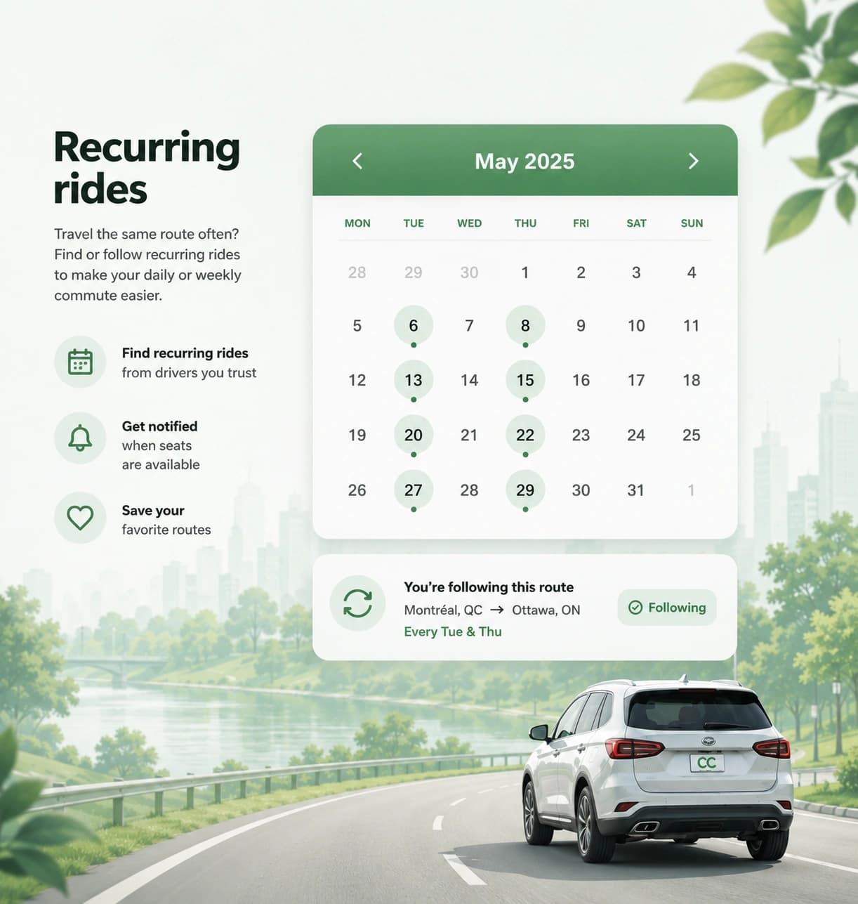 Recurring ride calendar for regular routes